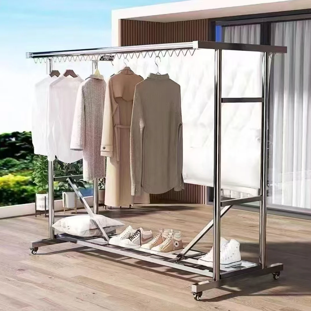 加厚家用晾衣架落地阳台庭院户外移动晒被子衣架简易衣架子落地式