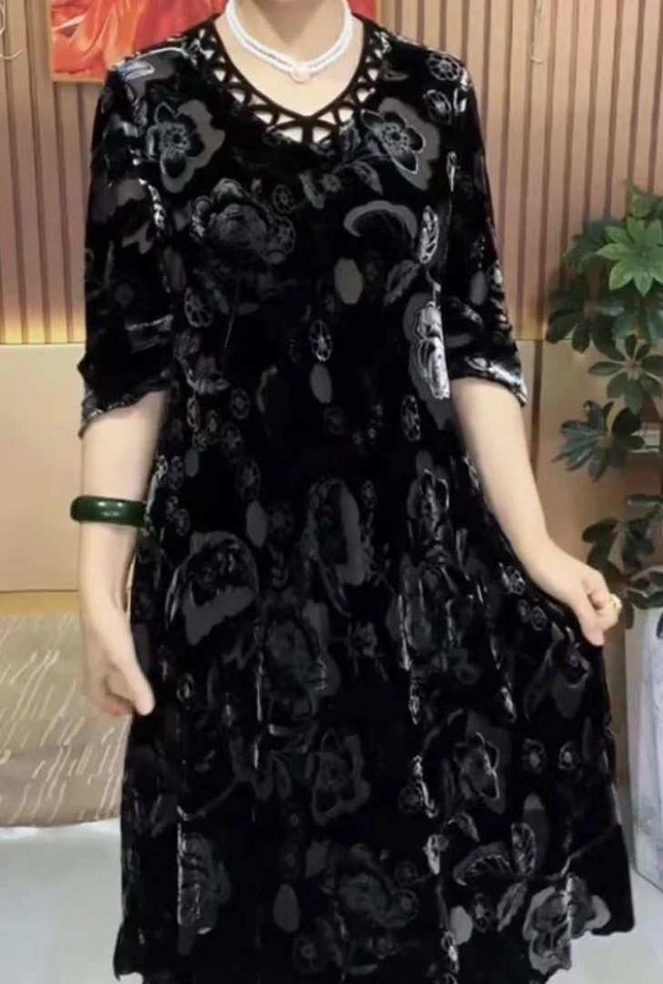 蚕丝灰色显瘦妈妈装连衣裙