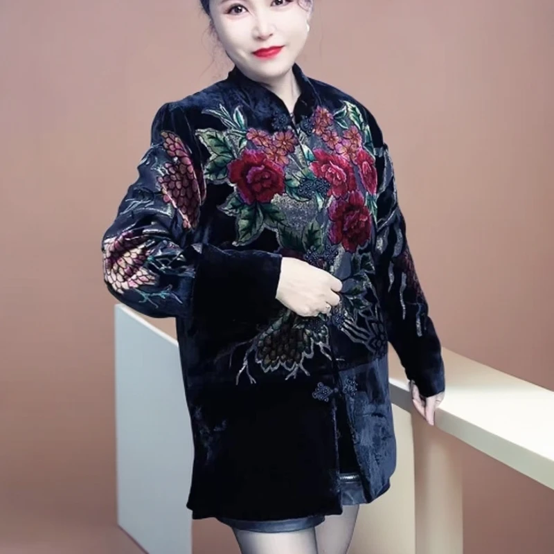 中老年短款棉服冬季妈妈蚕丝绒外套奶奶唐装