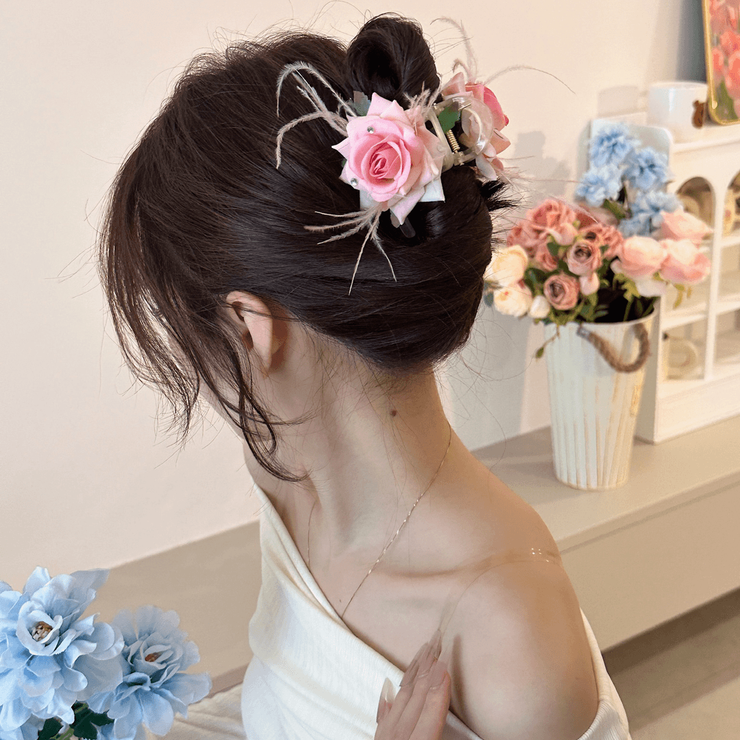 纯欲仙子 粉色花朵羽毛发夹鸭嘴夹超仙发卡拍照后脑勺侧边夹子女