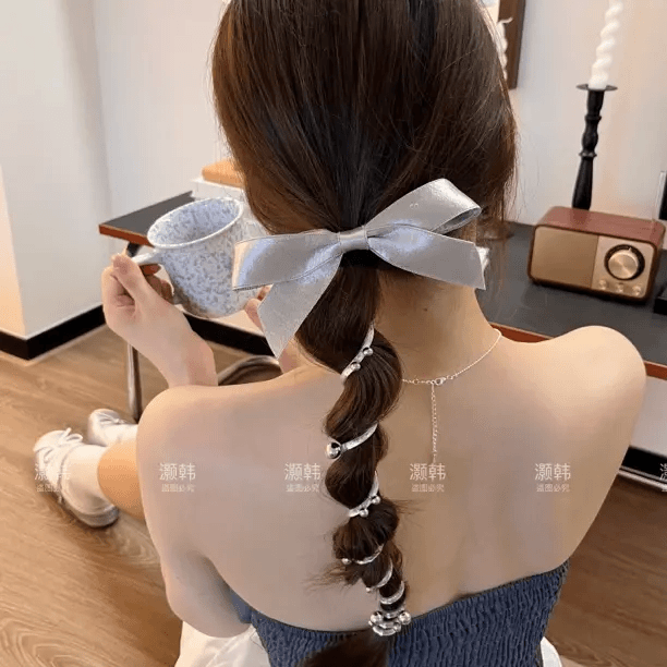 银光闪闪～新款升级银灰色织带蝴蝶结珠珠电话线直发束发圈发绳