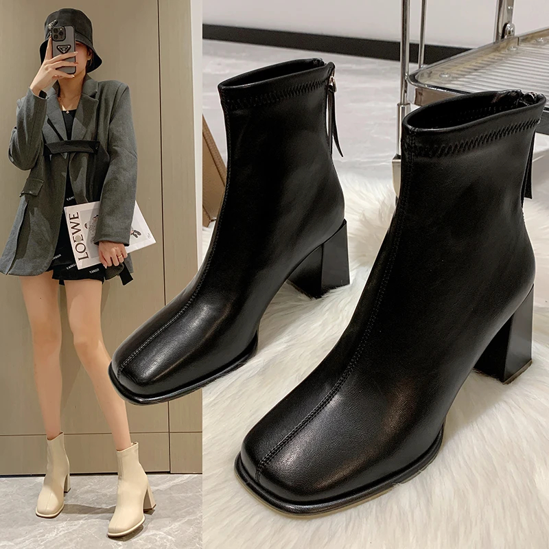 法式粗跟方头小短靴2023秋冬新款英伦风时尚高跟加绒时装瘦瘦靴