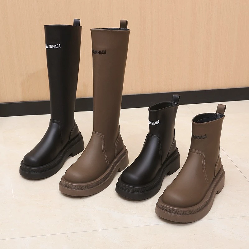 巴黎字母厚底时尚弹力瘦瘦靴2023秋冬新款复古英伦风显瘦高短筒靴