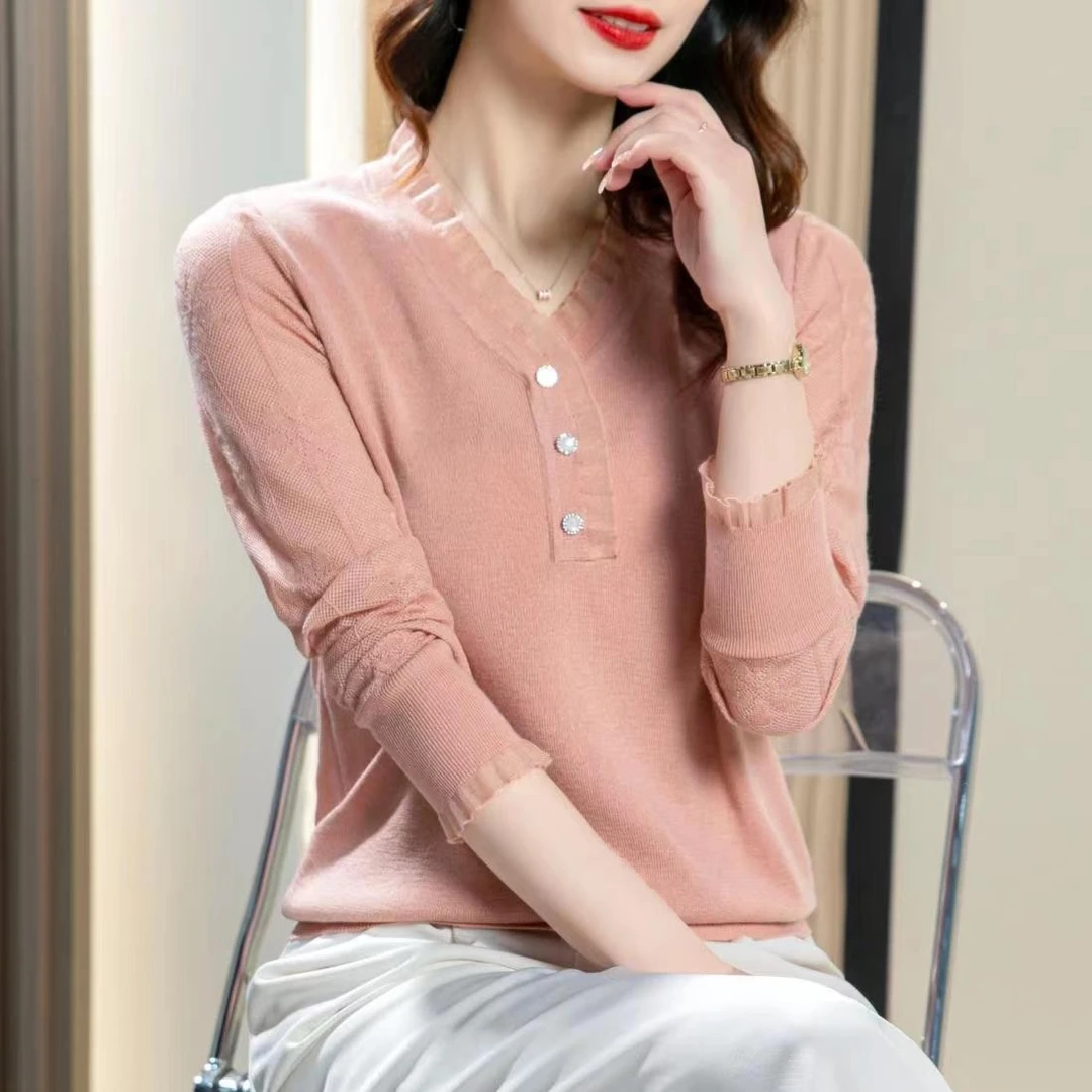 春装新款V领针织女上衣