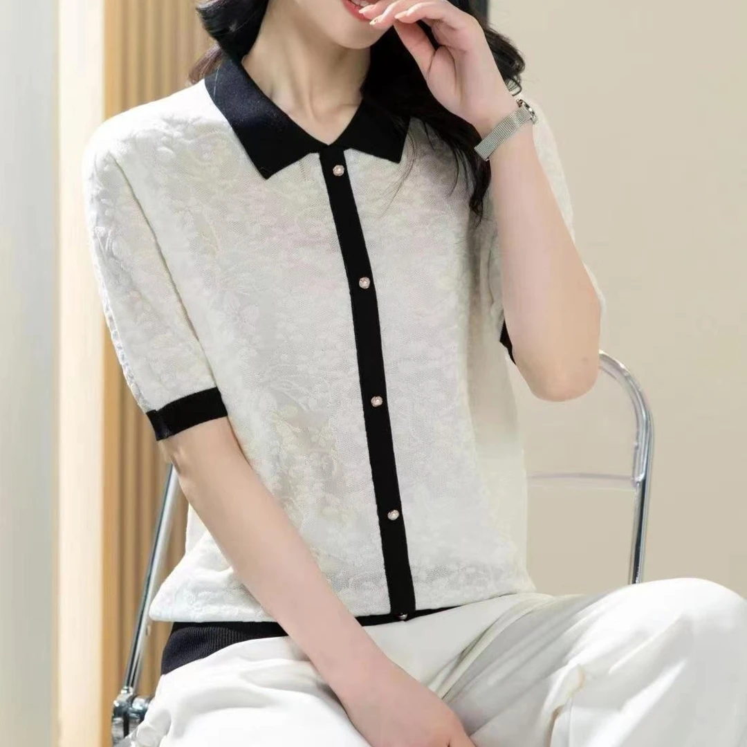 翻领T恤短袖上衣女时尚针织衫撞色显瘦夏季宽松