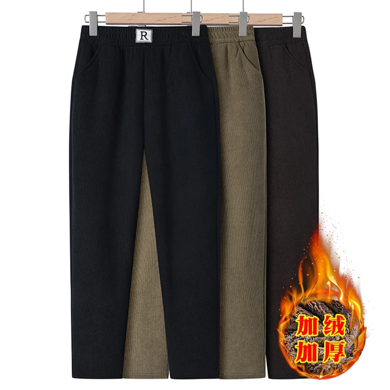 中老年人女裤秋冬季妈妈加绒裤子外穿中年秋冬保暖裤黑色直筒长裤