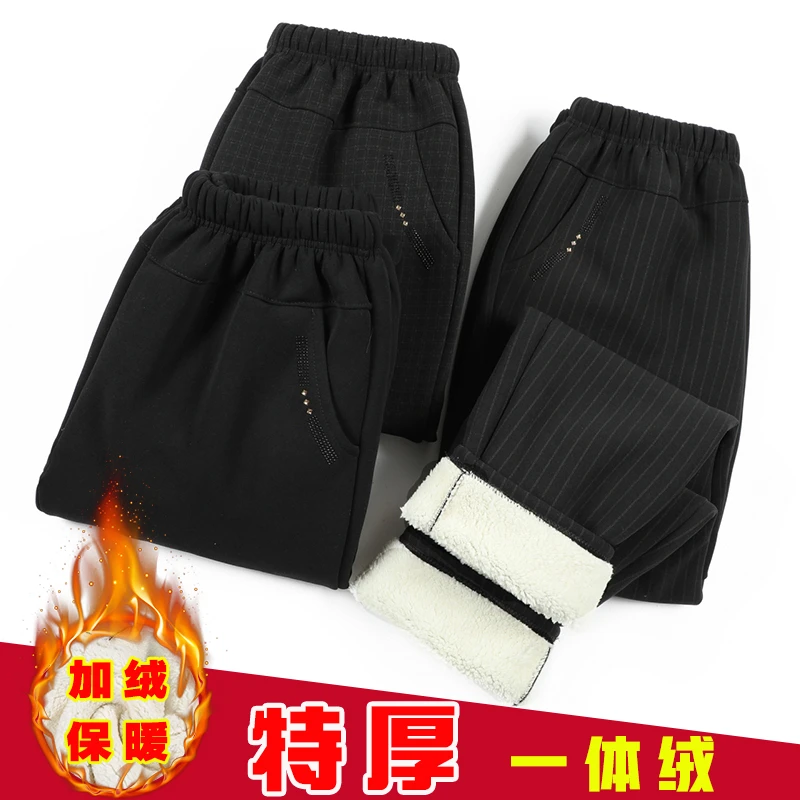 中老年人女裤秋冬季妈妈加绒裤子外穿中年秋冬保暖裤黑色直筒长裤