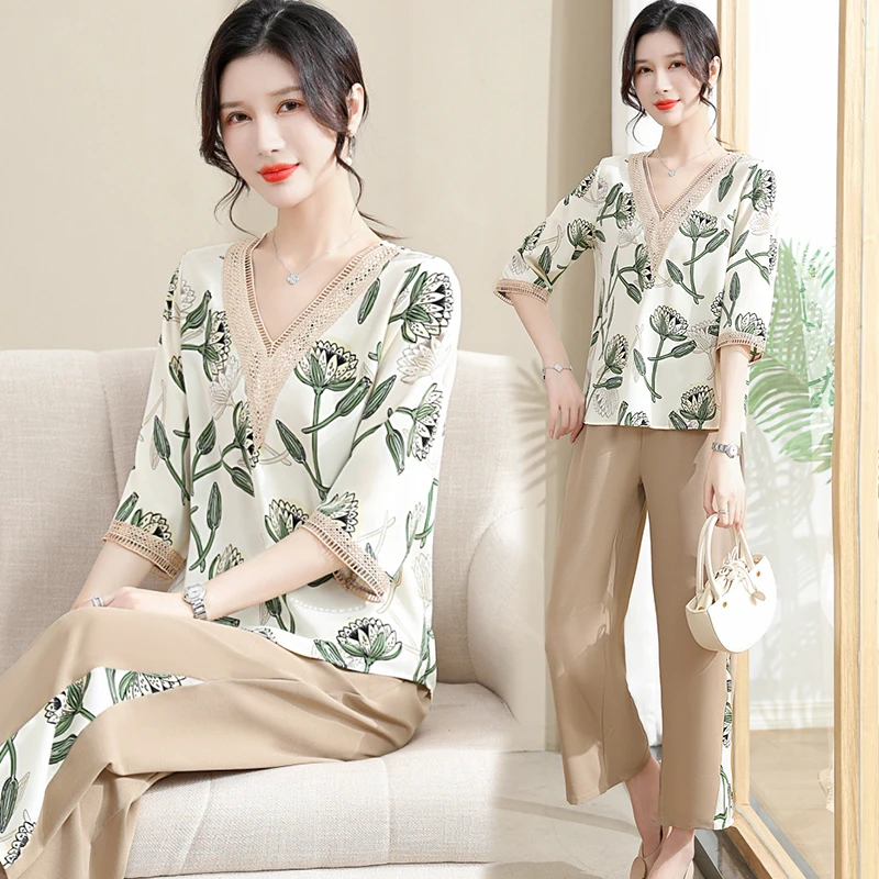 妈妈夏装套装洋气短袖衬衫2023新款中老年女装时尚雪纺上衣两件套