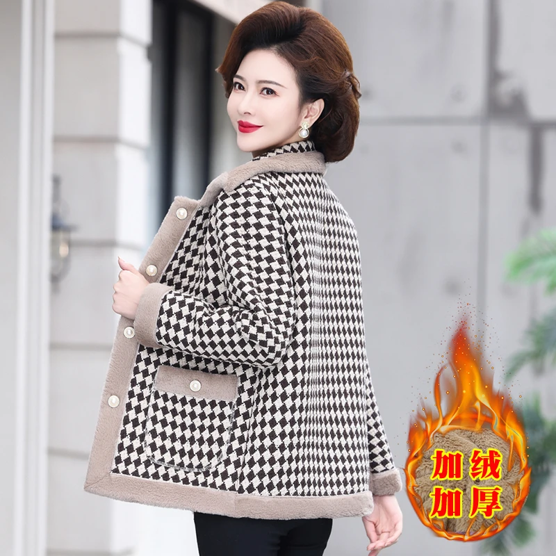 加绒加厚秋冬洋气妈妈装冬季大码时尚格子短款棉服外套时尚减龄