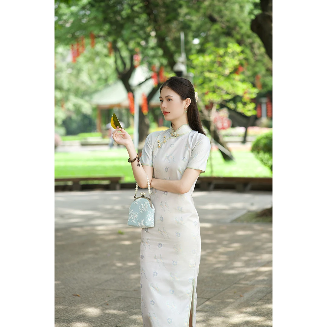 丘美【时锦】26姆米古法平裁真丝异色罗花萝无省修身手工旗袍