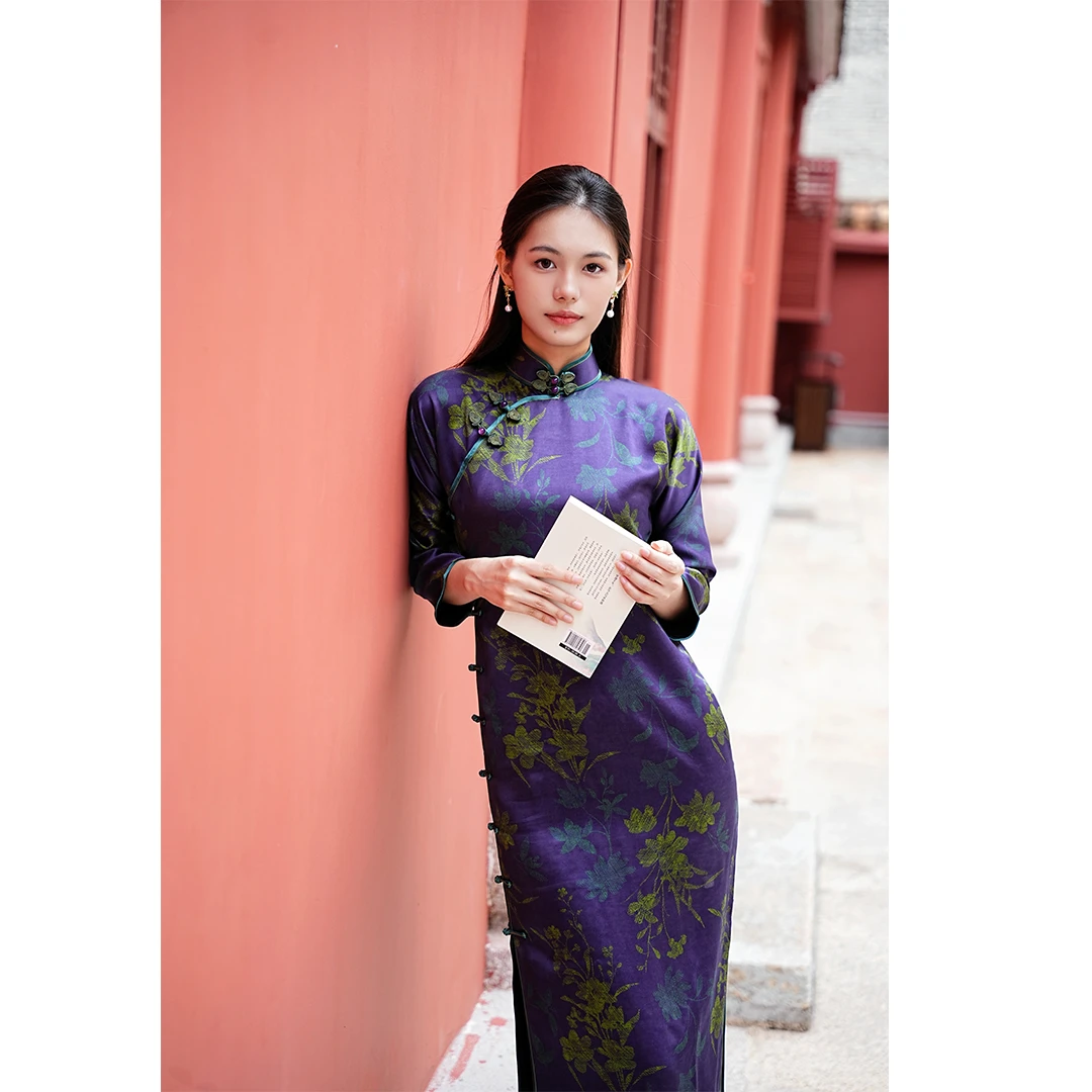 丘美【汀兰】55姆米皮子香云纱长袖无省修身手工古法中国风旗袍