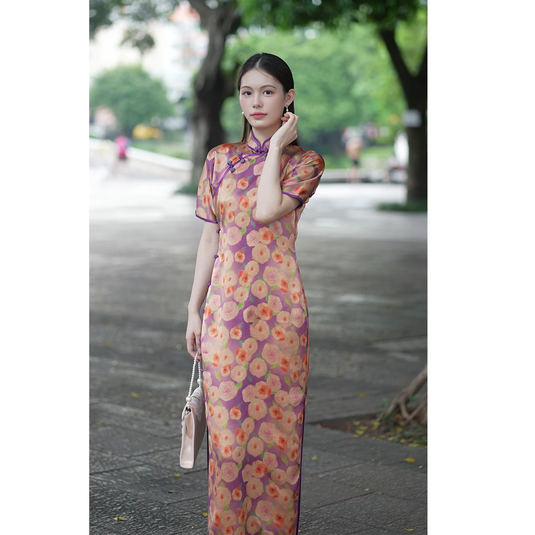 丘美【诗婉】40姆米湖丝重锻香云纱气质无省修身手工中国风旗袍