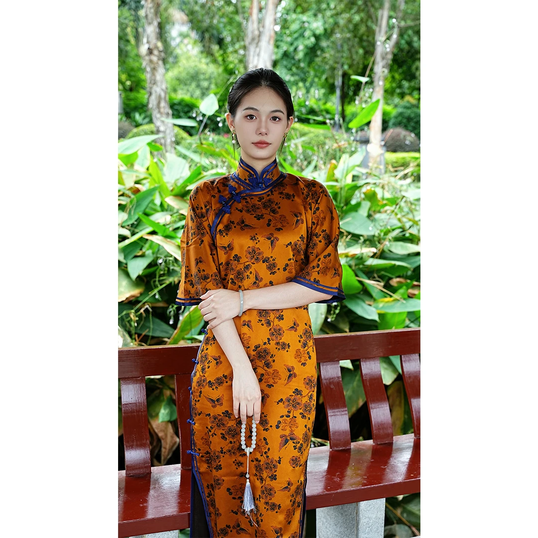 丘美【熙沐】50姆米皮子香云纱倒大袖无省修身手工古法中国风旗袍