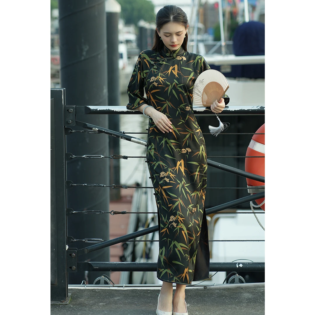 丘美【庭暮】40姆米重锻香云纱倒大袖无省修身手工古法中国风旗袍