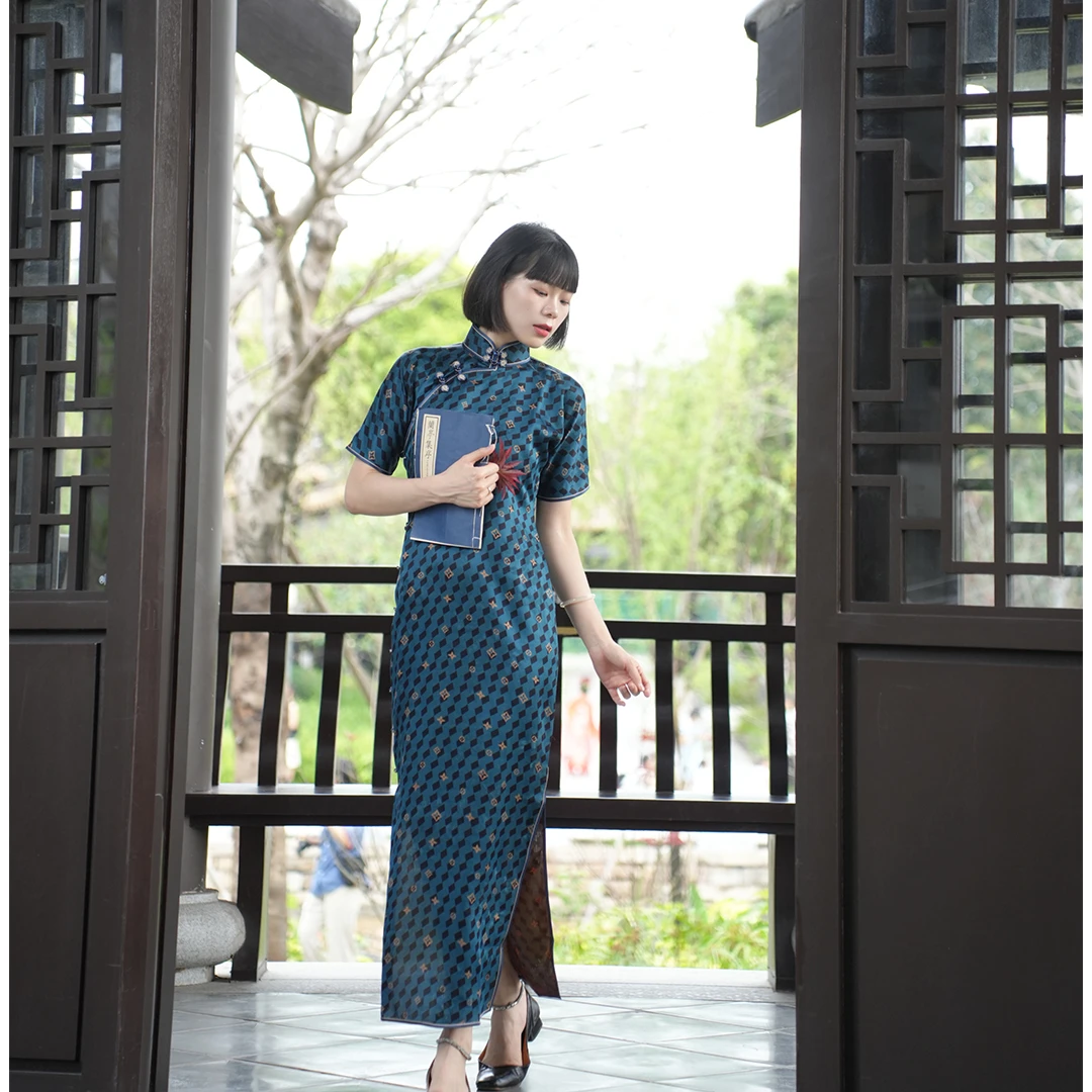 丘美【铃兰】28姆米透孔花萝红云纱长款手工古法旗袍中国风旗袍裙