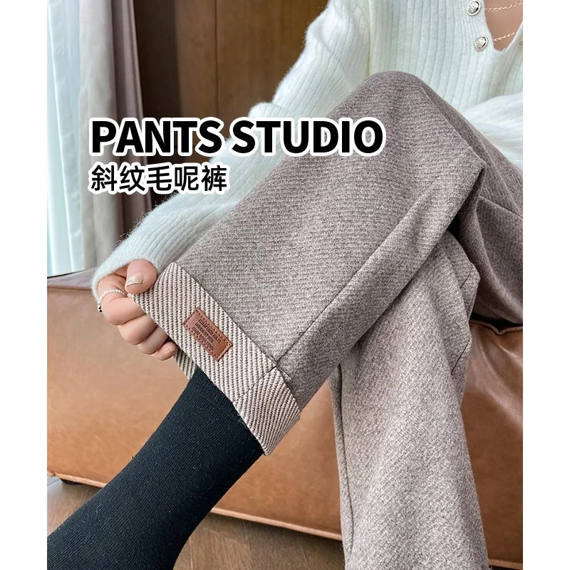 卡其色毛呢裤子女秋冬季加厚高腰显瘦阔腿裤小个子九分直筒烟管裤