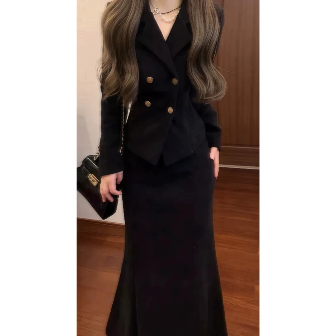 曼哈顿夜曲秋冬夹棉套装灯芯绒金扣西装外套&高腰鱼尾半裙两件套