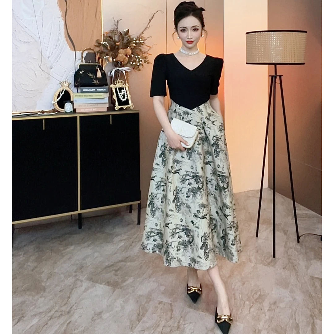【水墨山河】夏季法式收腰连衣裙拼接水墨画裙子国风高级感轻奢长裙