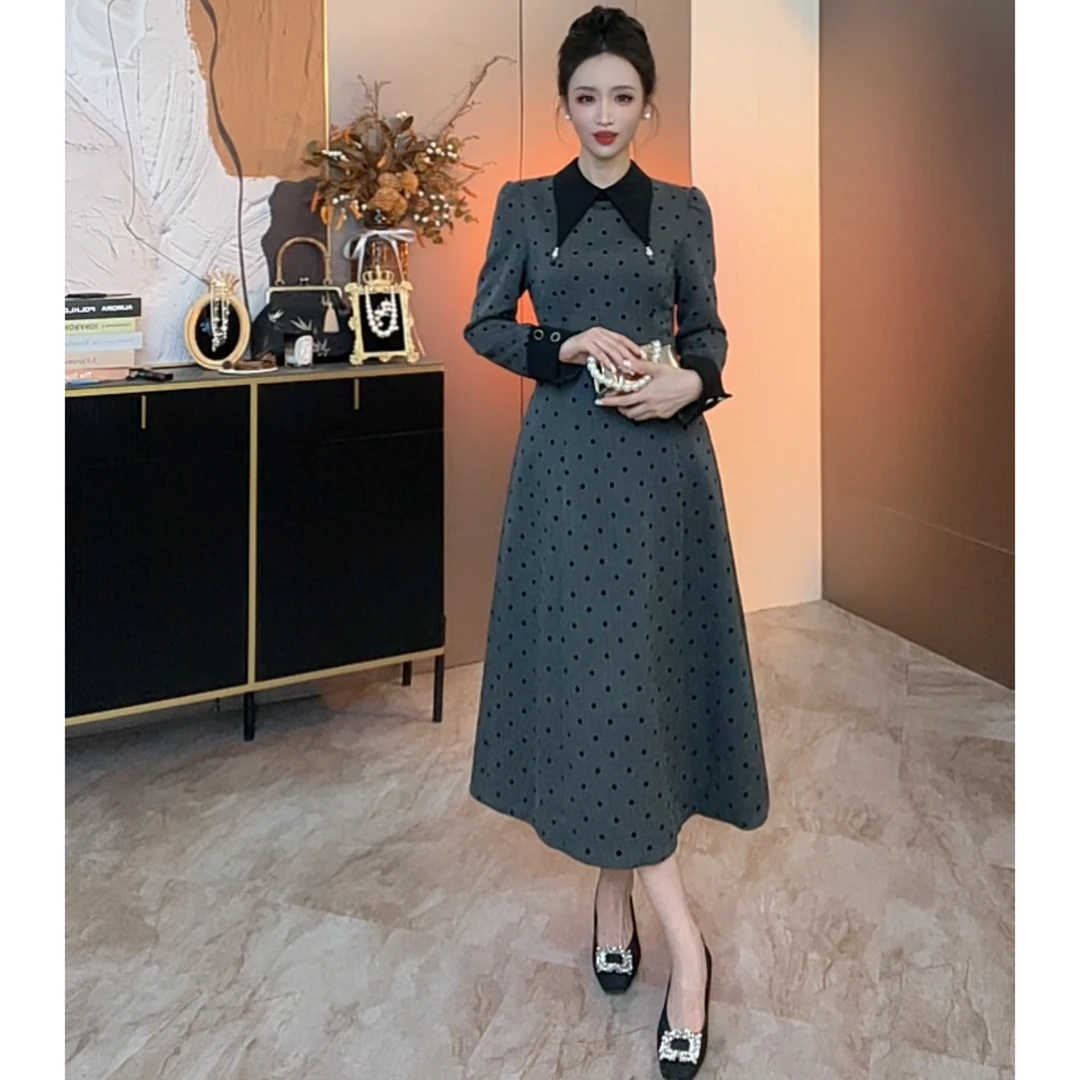 【高智姐姐】秋季女装连衣裙气质显瘦裙长法式收腰修身复古波点长裙