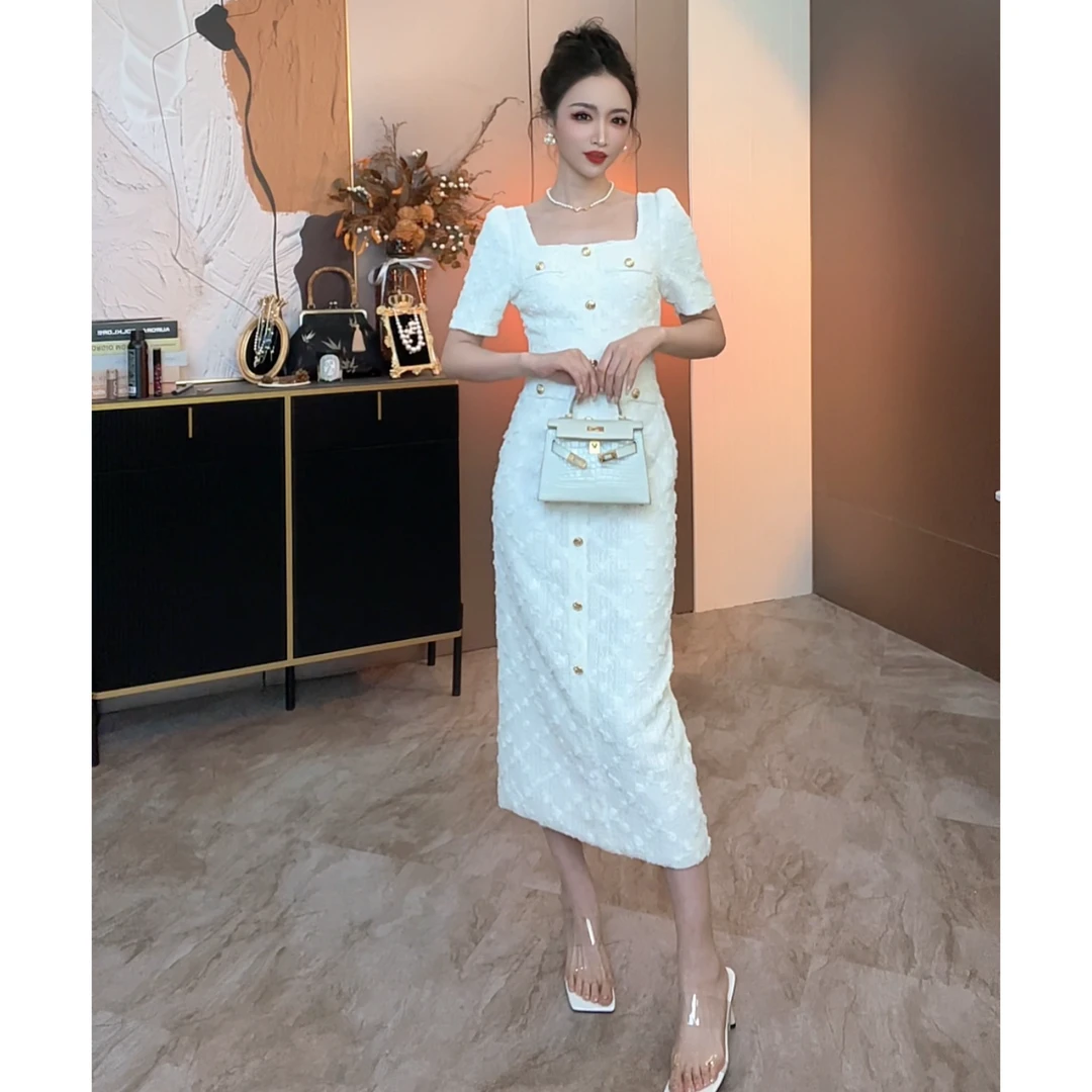 【白茉莉】夏季白色连衣裙小香风气质显瘦长裙弹力修身法式名媛裙子