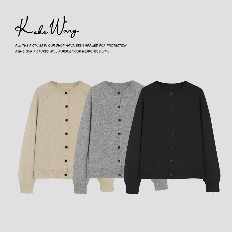 KOKO WANG秋冬100羊绒圆领长袖纯色针织衫百搭开衫242884G27W41