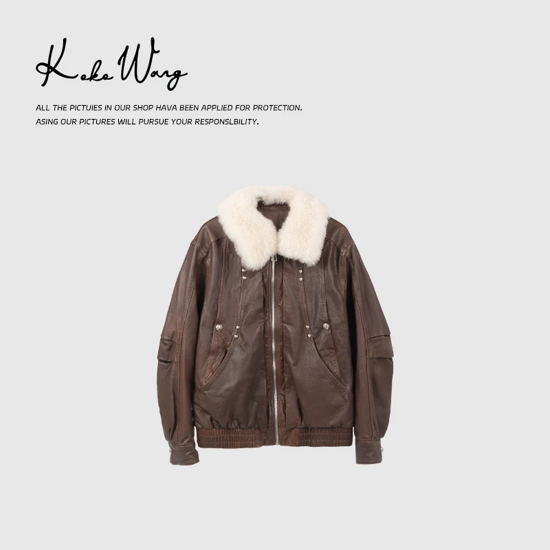 KOKOWANG进口山羊皮复古做旧3M新雪丽棉克罗皮衣外套304624H15W43