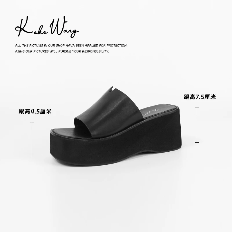 KOKO WANG夏季外穿牛皮厚底增高简约舒适百搭拖鞋201704D08X02