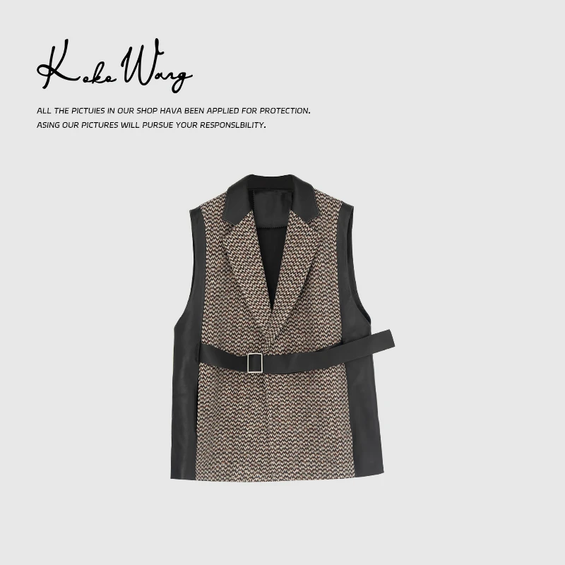 KOKO WANG羊皮拼接粗花呢系带高级感无袖西装马夹200684F07W42