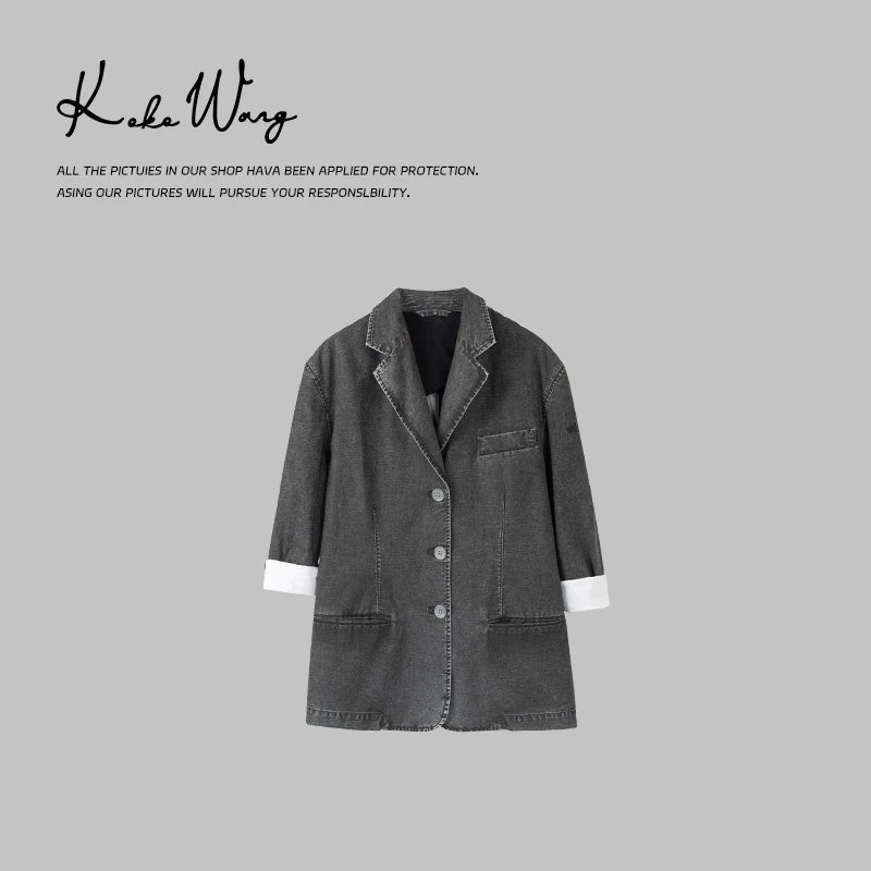 KOKO WANG早秋新款时尚气质水洗翻领牛仔西服短外套241534G12W42