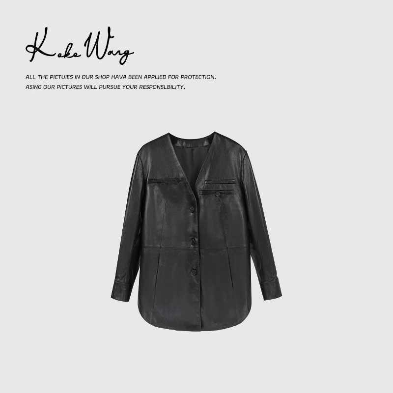 KOKO WANG时尚简约糯米羊皮外套通勤百搭皮衣女外套254584H08W45