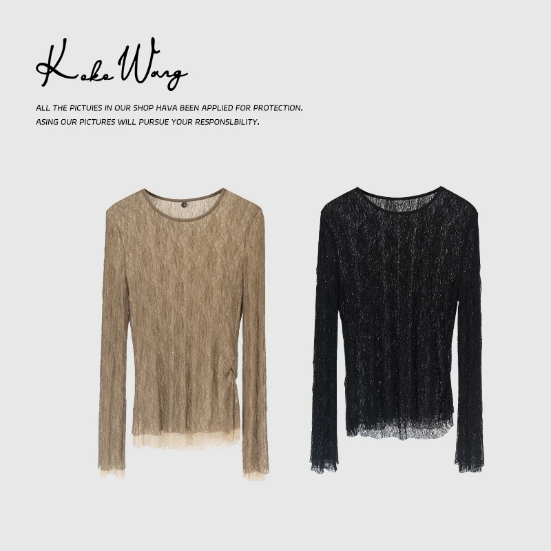 KOKO WANG时尚气质镂空女款圆领套头长袖蕾丝上衣241674G27T42