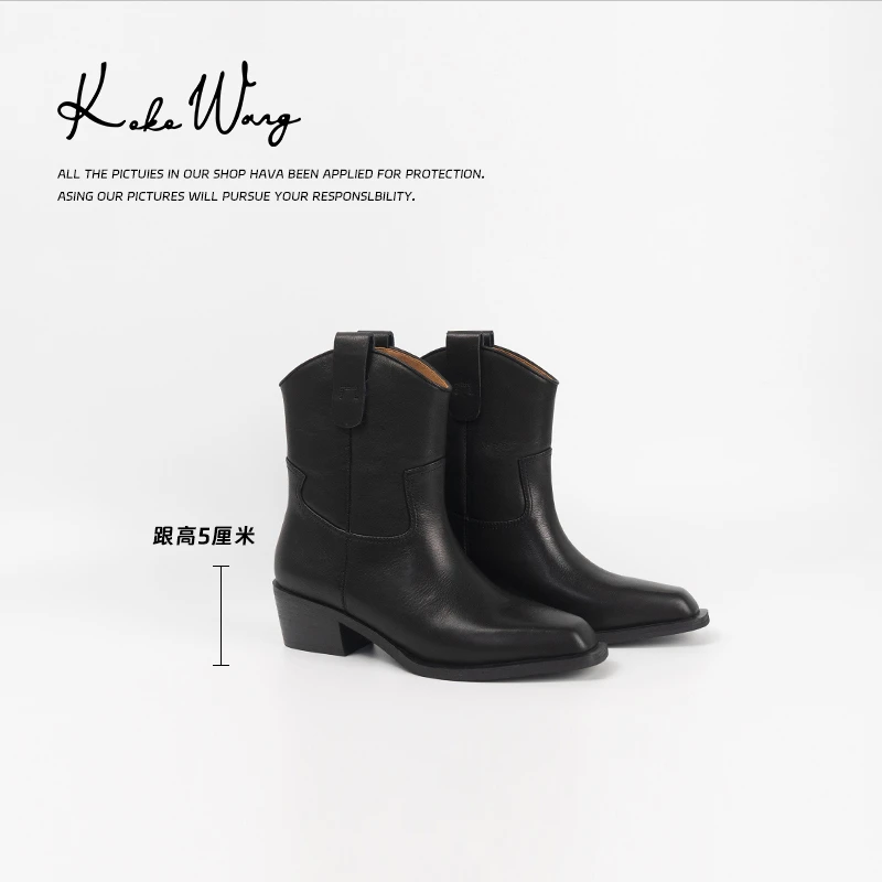 KOKOWANG真皮复古英伦风V口显瘦百搭粗跟牛仔靴短靴 220334F04X16