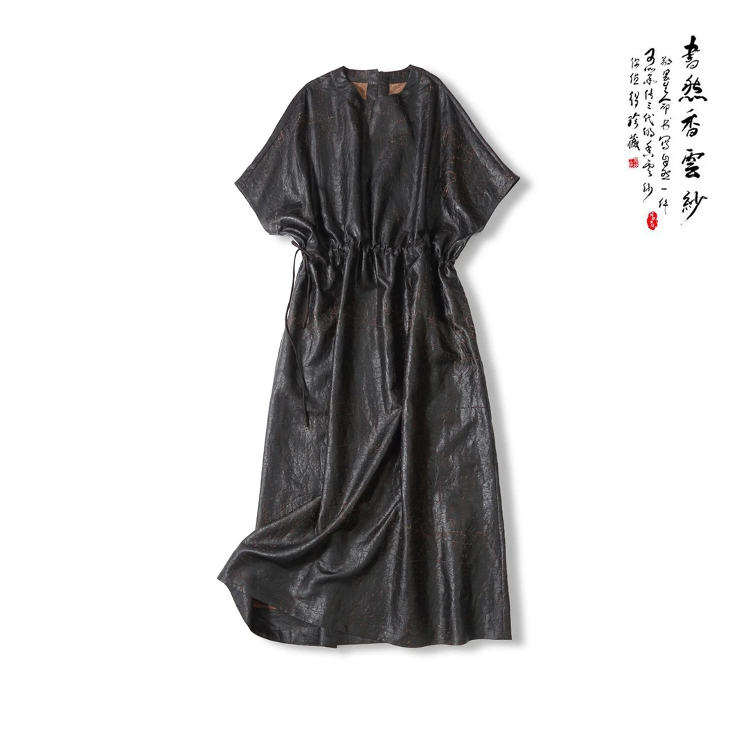 【书然瑰秘】S2293 香云纱  龟裂纹系带连衣裙