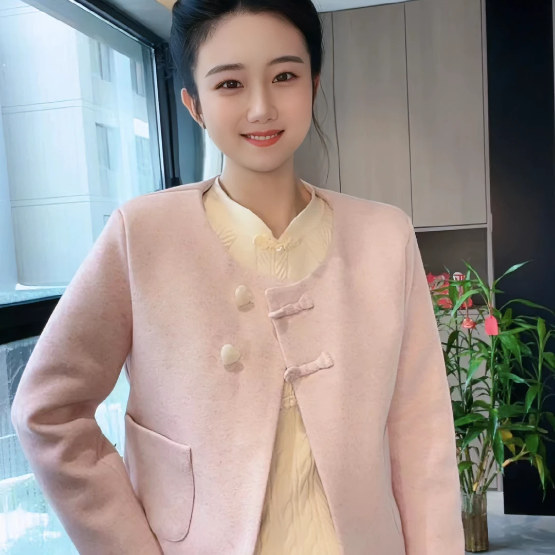 2024春秋新款爱心扣短款单面呢子韩版时尚小个子小香风毛妮外套
