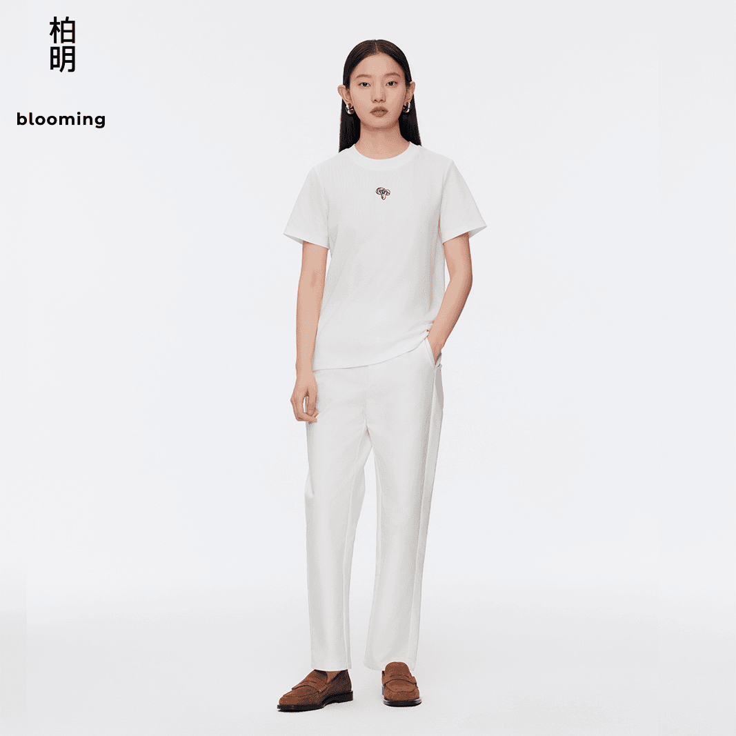 柏明blooming2024年春季新品女装经典简约百搭刺绣合体T恤