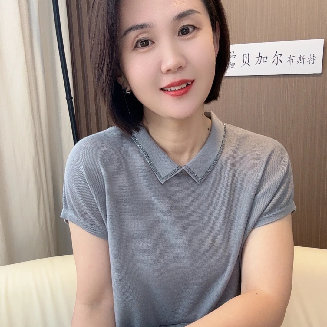 100莱赛尔天丝~POLO领针织短袖女领子带钻时尚休闲百搭落肩袖T恤