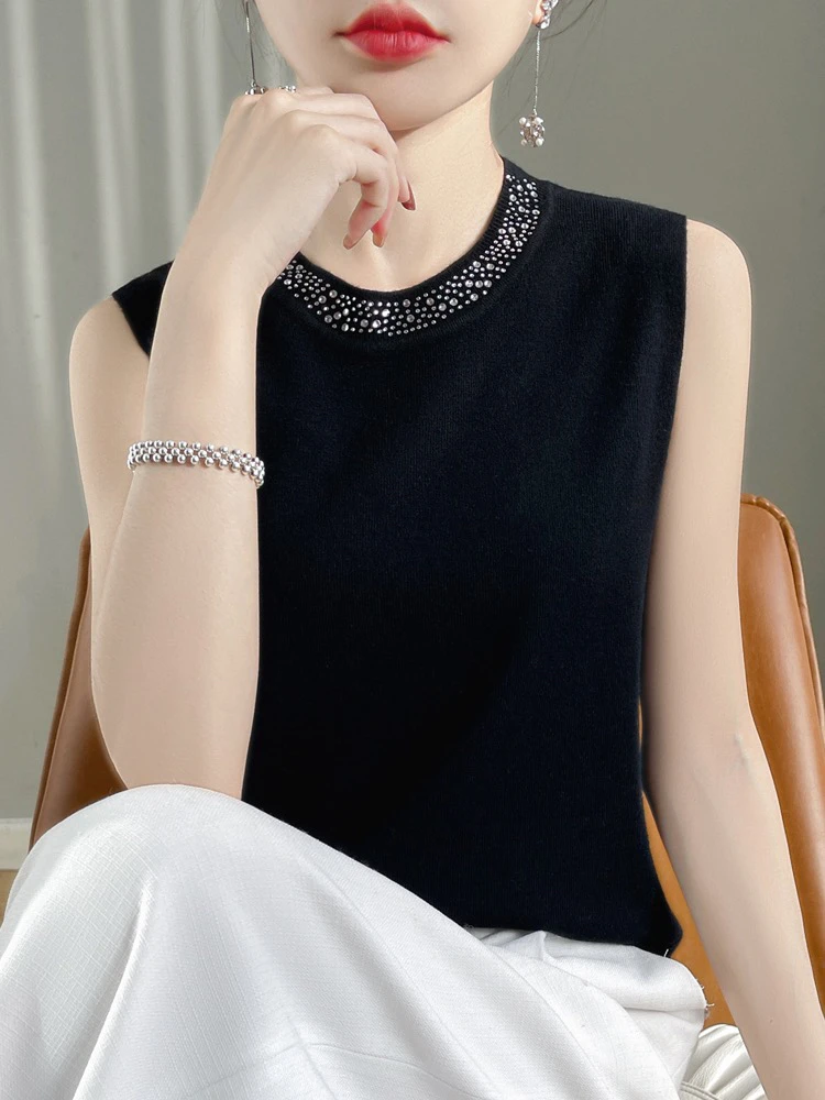 精纺圆领无袖背心女针织带钻打底时尚百搭宽松纯色上衣内搭