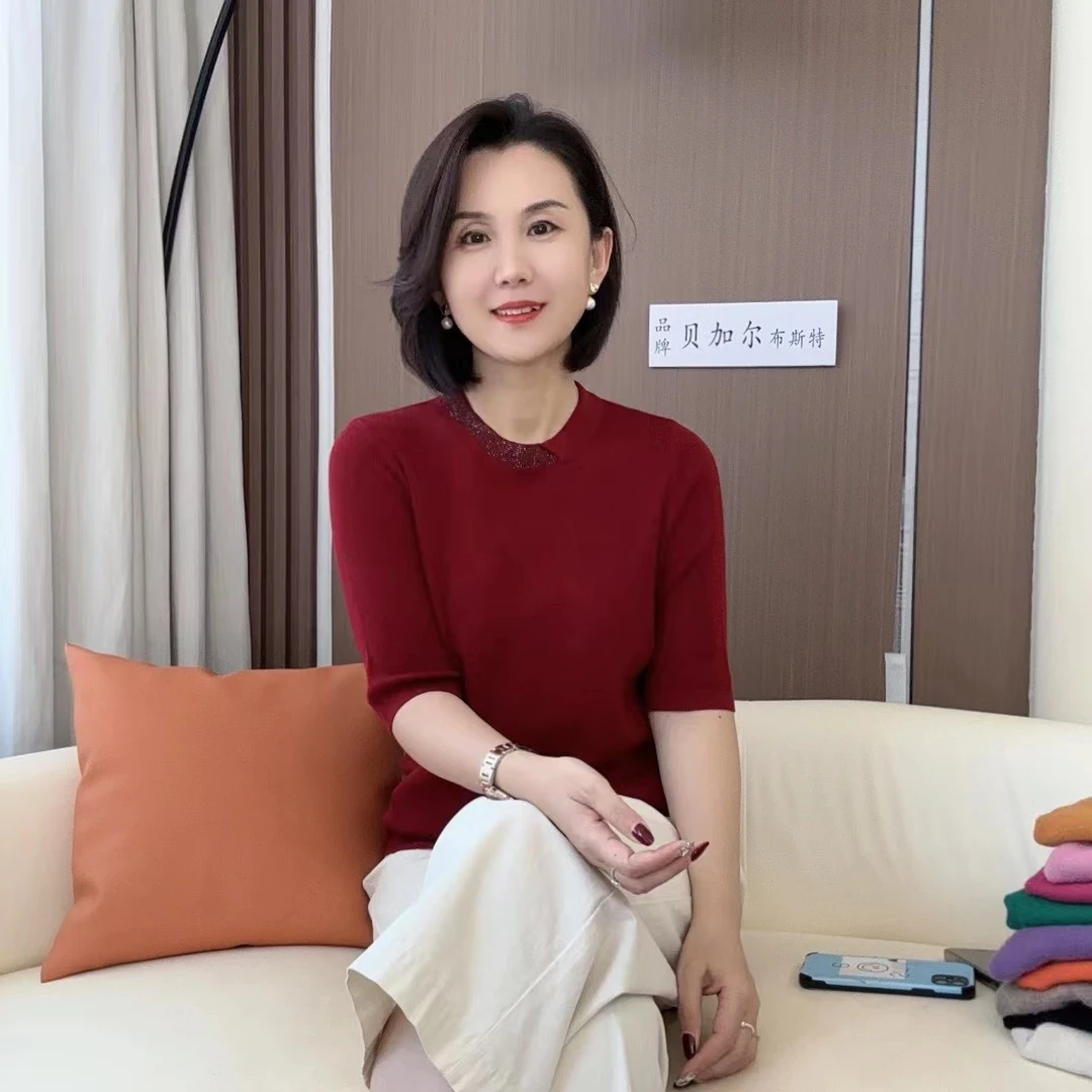 精纺圆领半钻五分袖女针织上衣纯色中袖春秋打底时尚简约经典短袖