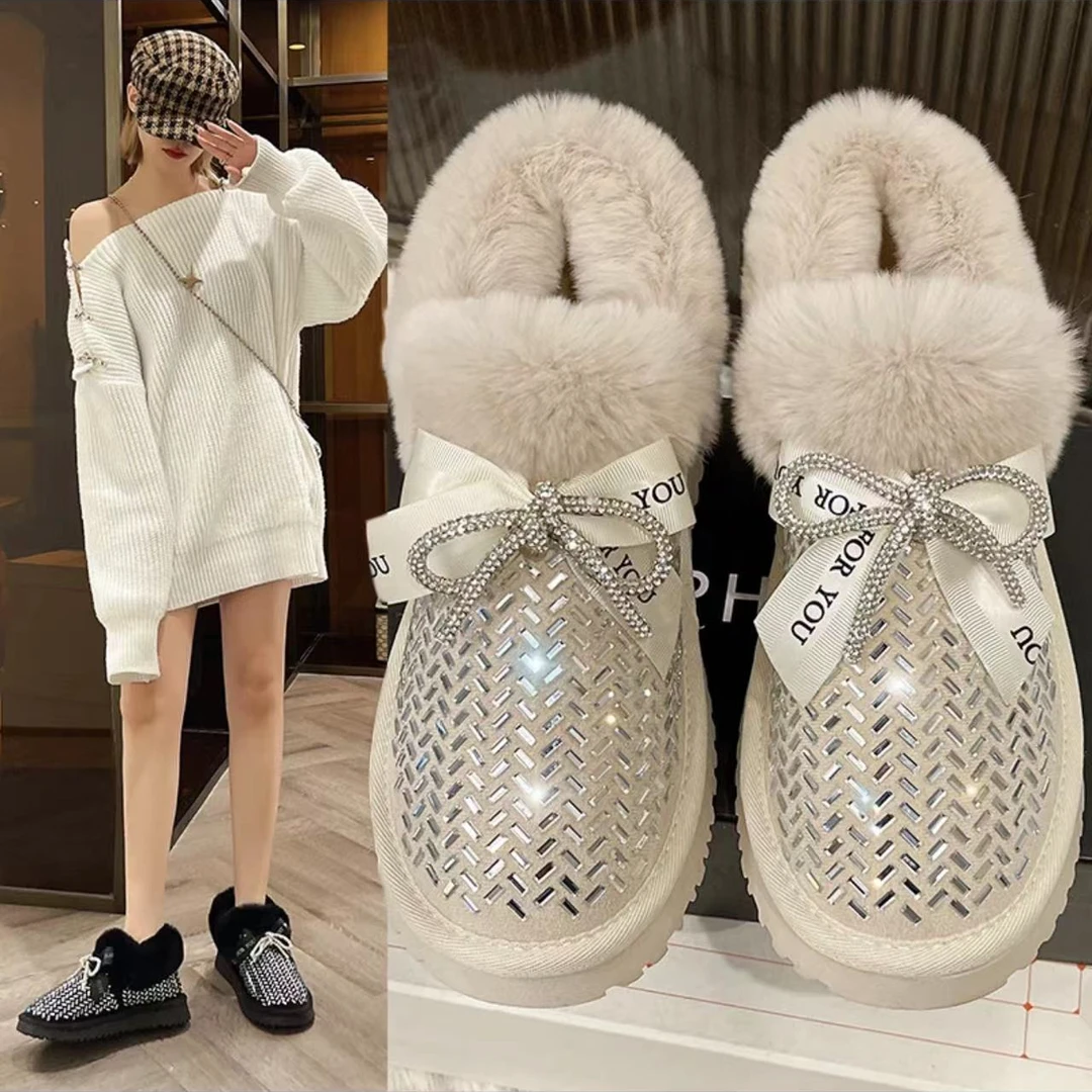 81816小香风亮钻蝴蝶结雪地靴冬雪地靴网红百搭百搭厚底厚底加绒