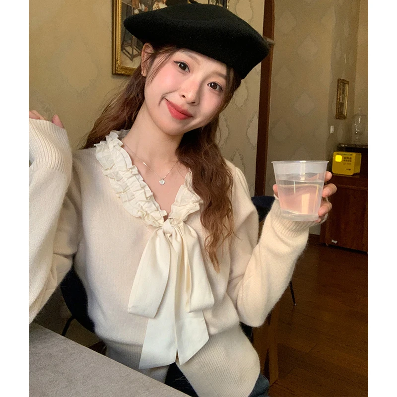 秋冬新款时尚设计感显瘦木耳边蝴蝶结毛衣小个子短款修身针织上衣