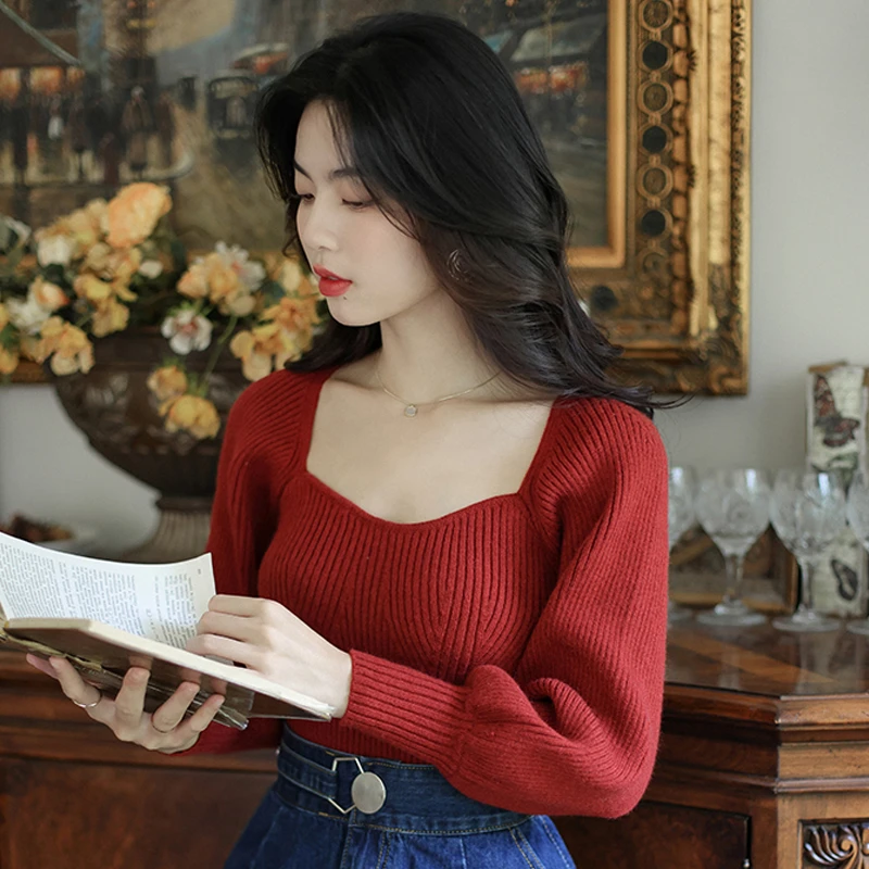 流行短款上衣方领灯笼袖打底衫女内搭可外穿洋气女士长袖针织衫