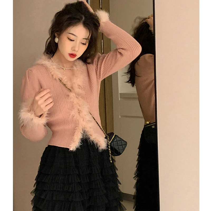 秋款女装法式复古洋气粉色毛毛拼接针织衫设计感修身显瘦气质上衣