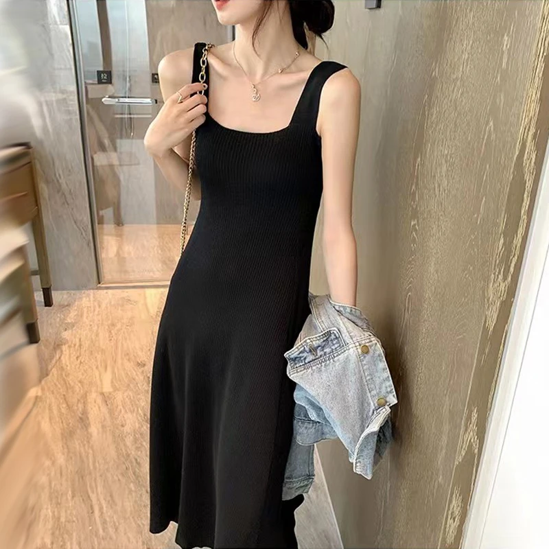 胖mm吊带连衣裙女春夏新款大码针织打底裙中长款裙子过膝内搭长裙