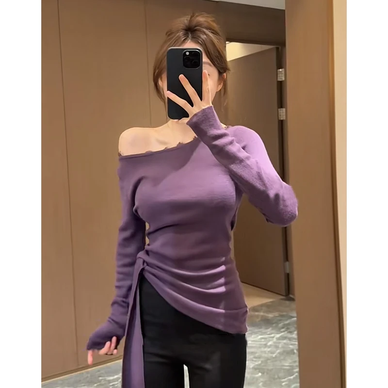 春季爆款法式辣妹收腰斜肩不规则领长袖紫色上衣女新款针织衫修身