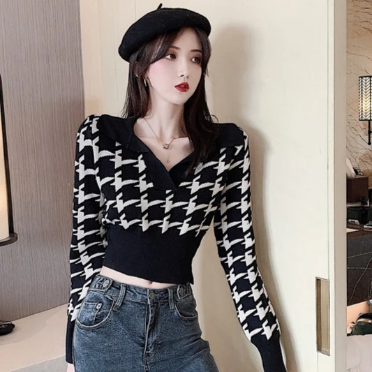 秋季韩版千鸟格纹V领套头短款毛衣收腰修身显瘦打底针织衫上衣女