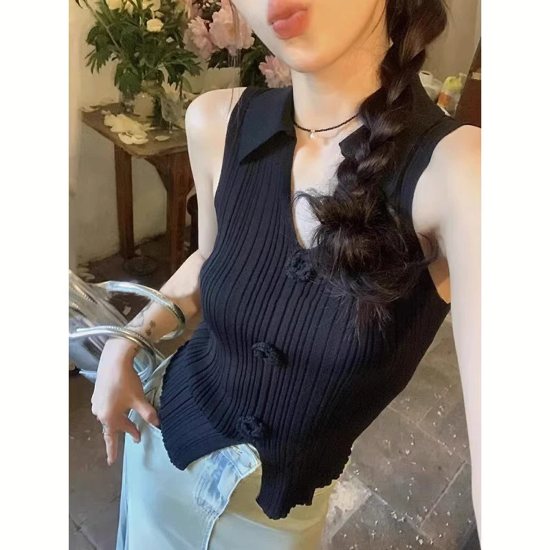 背心外穿翻领纯色小众设计感V领无袖针织上衣显瘦气质高级修身女