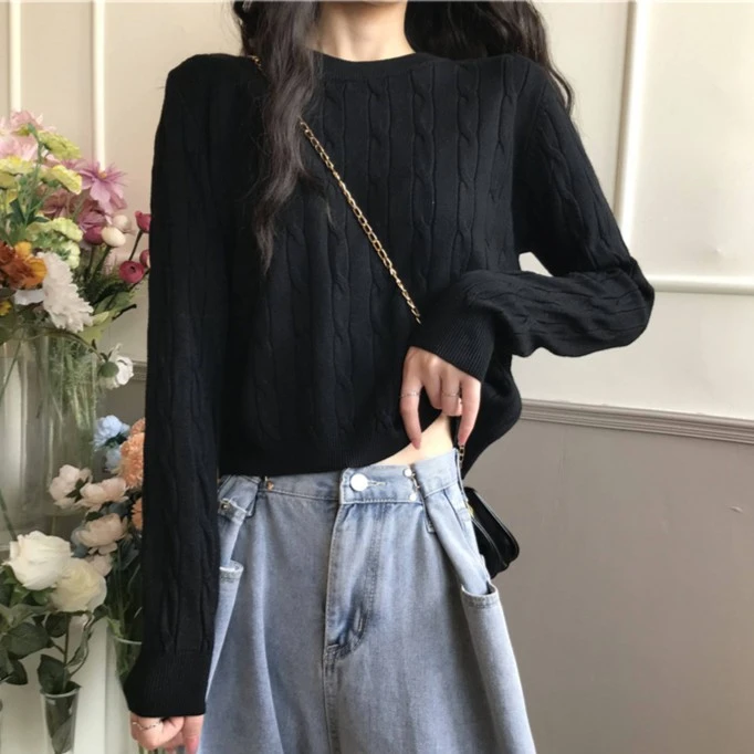 秋冬宽松圆领麻花织花毛衣女坑条针织衫加厚长袖内搭打底衫上衣女