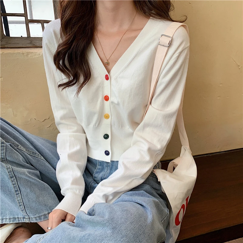 早秋气质秋装白色百搭开衫薄款小外搭短款上衣显瘦长袖V领针织衫