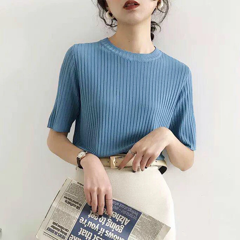 针织衫夏季薄款圆领短袖t恤女2025新款爆款高腰时尚简约百搭上衣