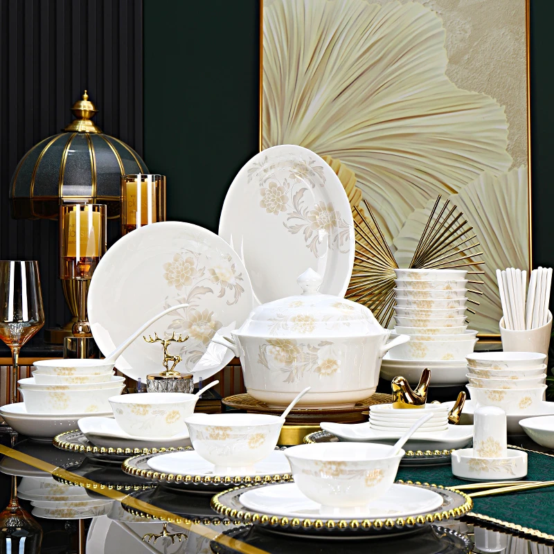 景德镇清雅名媛130件陶瓷套装餐具新中式高档家用碗碟盘乔迁送礼